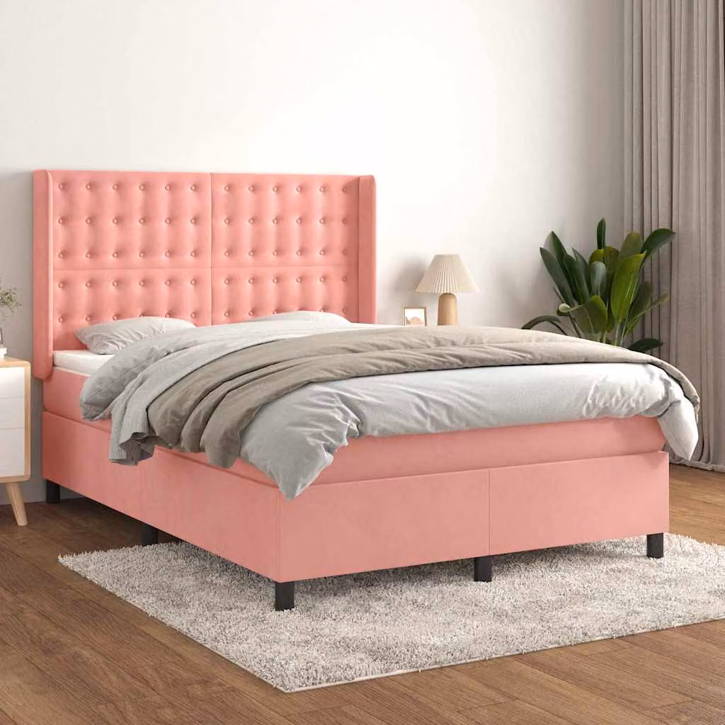 vidaXL Giroletto a Molle con Materasso in Velluto Rosa, L/P: 140 x 200 cm – 1