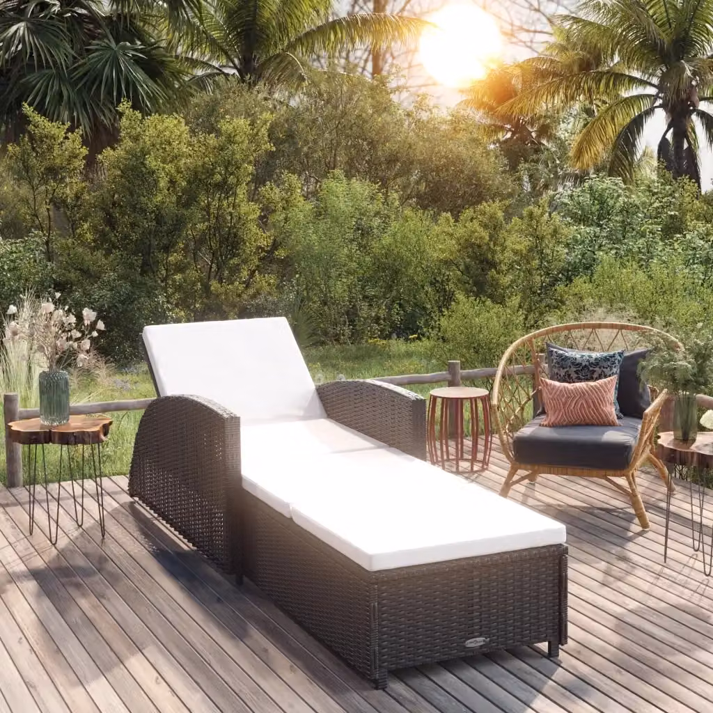 Lettino prendisole da giardino in polyrattan nero con cuscino bianco crema e poggiatesta regolabile – 2