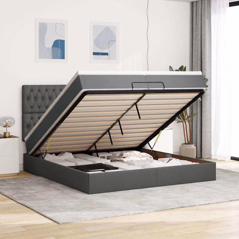 vidaXL Struttura Letto con Materasso e Contenitore a Sollevamento, Tessuto Grigio e Bianco, L/P/H: 200 x 200 x 128 cm