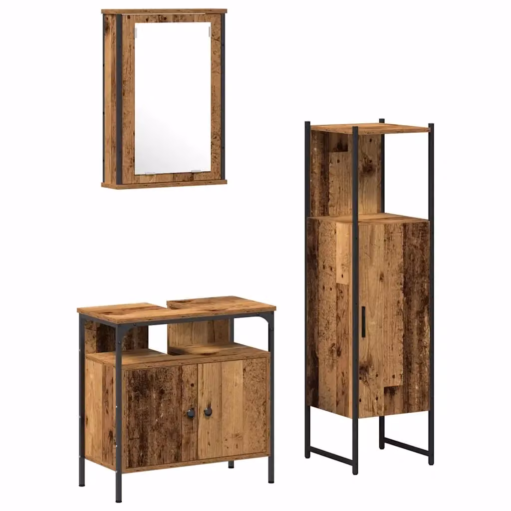 Set di mobili per bagno moderno vidaXL composto da 3 pezzi in legno marrone e nero, include armadietto con specchio, mobile sottolavabo e colonna alta, H x L x P: 120,5 x 33 x 33 cm – 2