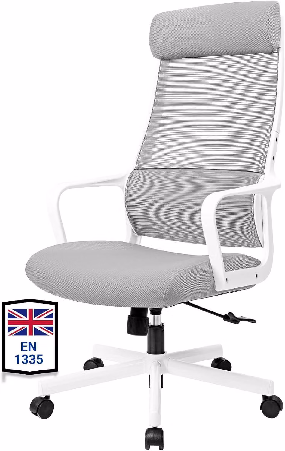 Sedia da ufficio ergonomica, design elegante, colore grigio. Dotata di supporto lombare ergonomico e poggiatesta regolabile, seduta confortevole e tessuto traspirante
