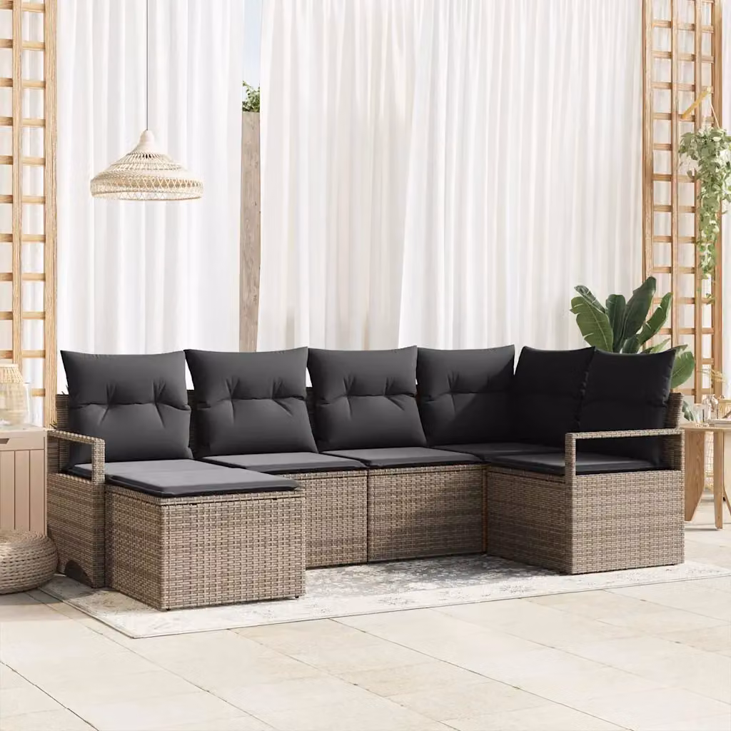 Set di divani da giardino vidaXL a forma di L con 6 pezzi, colore grigio, in rattan e metallo con cuscini inclusi – 1