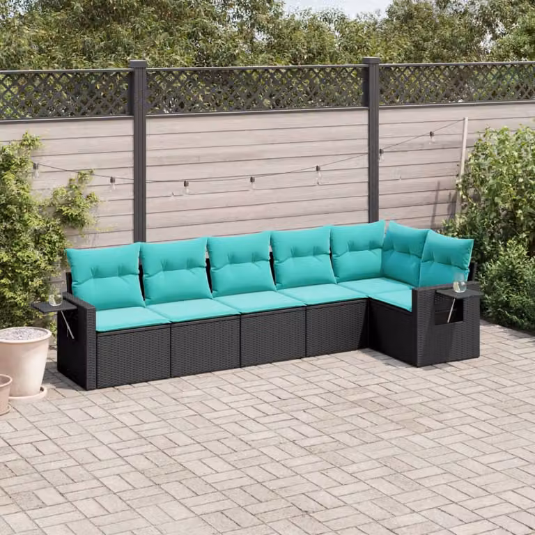 Set di divani da giardino vidaXL in polyrattan nero con cuscini blu, design moderno a forma di L per esterno