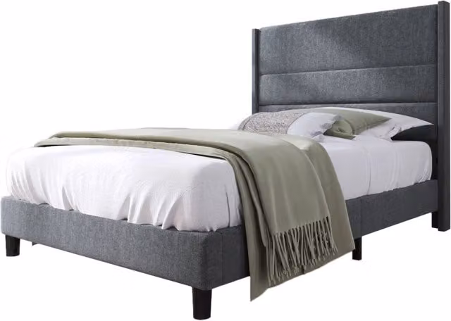 Letto Singolo con Testiera Imbottita in Lino Grigio Scuro, L/P/H: 90 x 200 cm