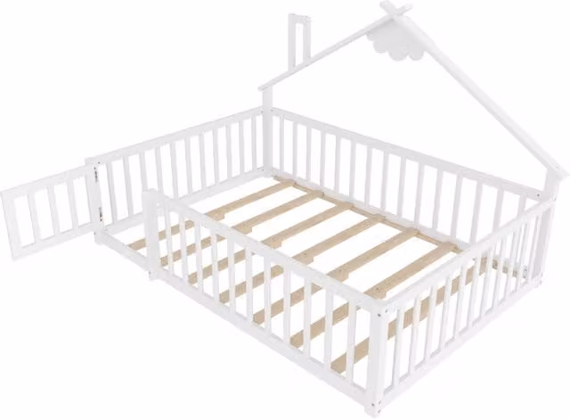 Letto per bambini in pino bianco 140x190 cm con struttura a casetta e sponda con chiusura