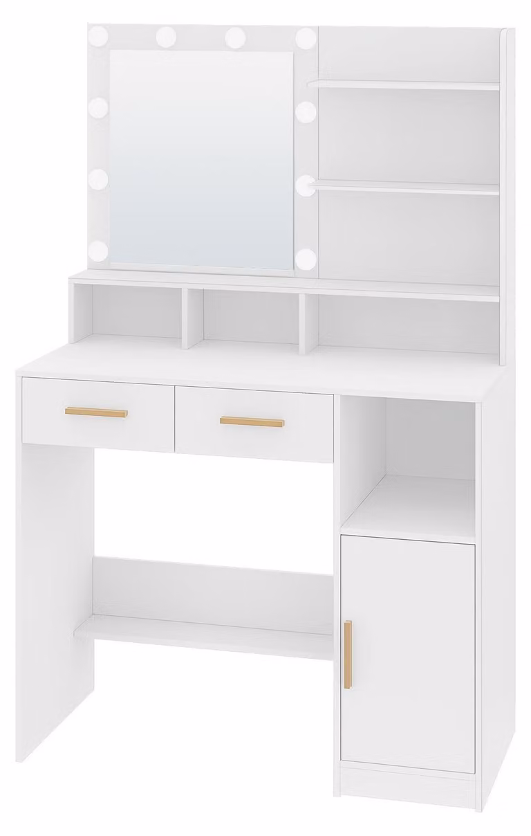 Comò con specchio e 10 luci LED, luminosità regolabile, 2 cassetti e un armadietto, colore bianco