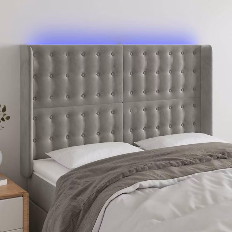 Testiera per letto vidaXL in velluto grigio con illuminazione LED e porta di ricarica USB, L 147 cm x P 16 cm x H 118/128 cm