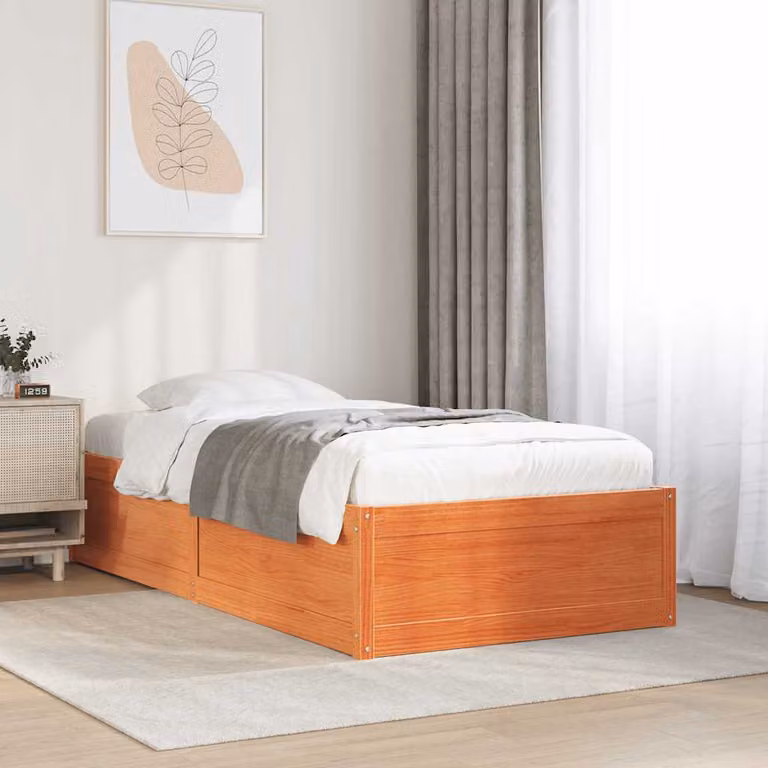 Letto singolo vidaXL in legno di pino color marrone cera con doghe fisse, L/P/H: 90 x 190 x 37 cm