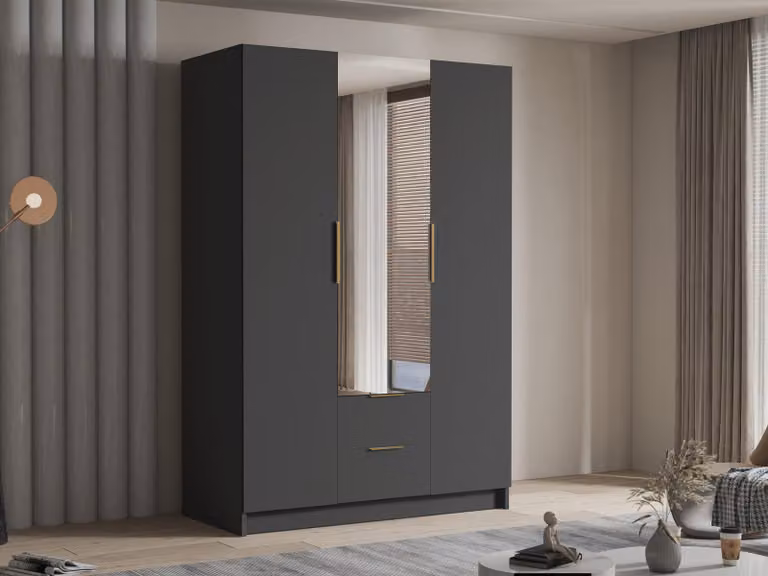 MIRJAN24 Armadio Calwi II 150, camera da letto, con specchio, armadio a battente, con asta appendiabiti, moderno, armadio, maniglie in metallo (colore: nero + oro)