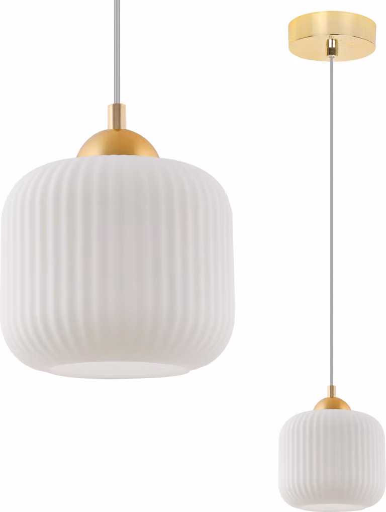 Lampada a sospensione Riffle oro 1 luce vetro bianco cilindro E27