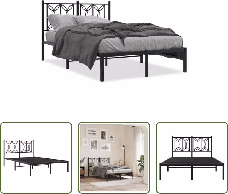 The Living Store Struttura letto con testiera in metallo nero 120x190 cm