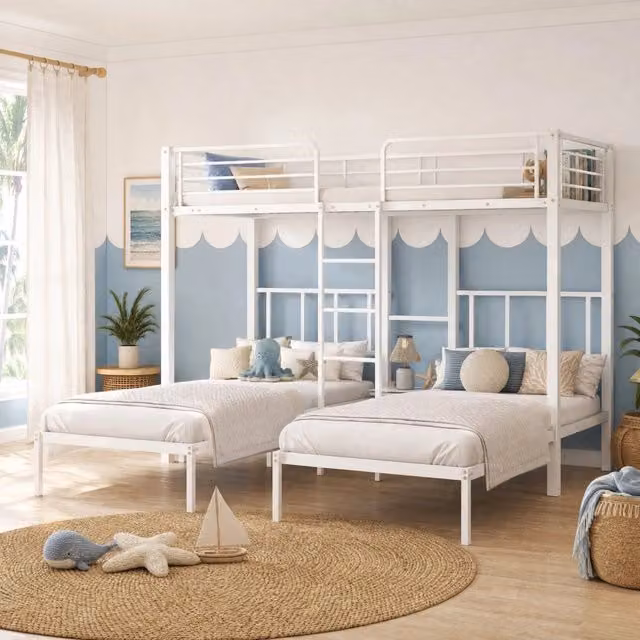 Letto a castello triplo con scala; rete 90x200 cm in metallo bianco