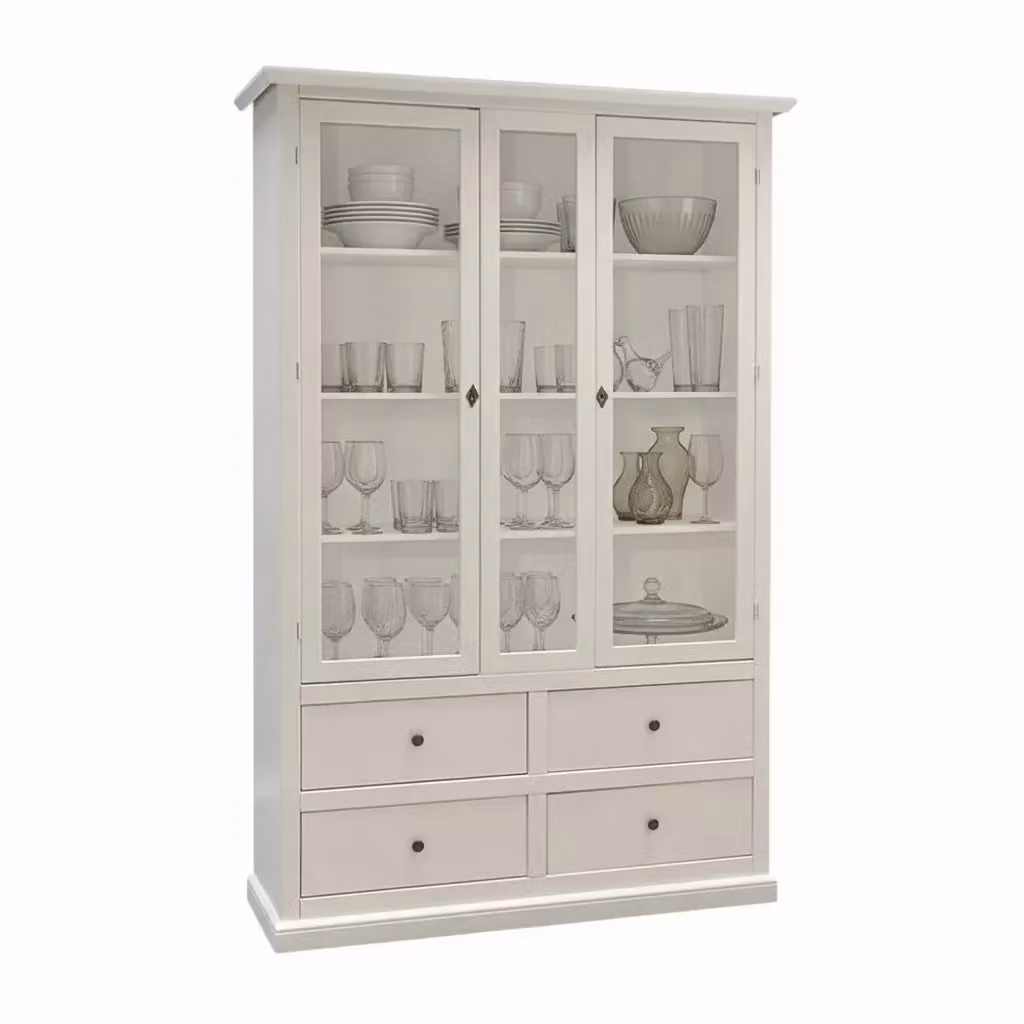 Vetrina in stile arte povera Mobili 2G con ante in vetro e 4 cassetti in legno bianco L: 118 cm, P: 40 cm, H: 185 cm – 1