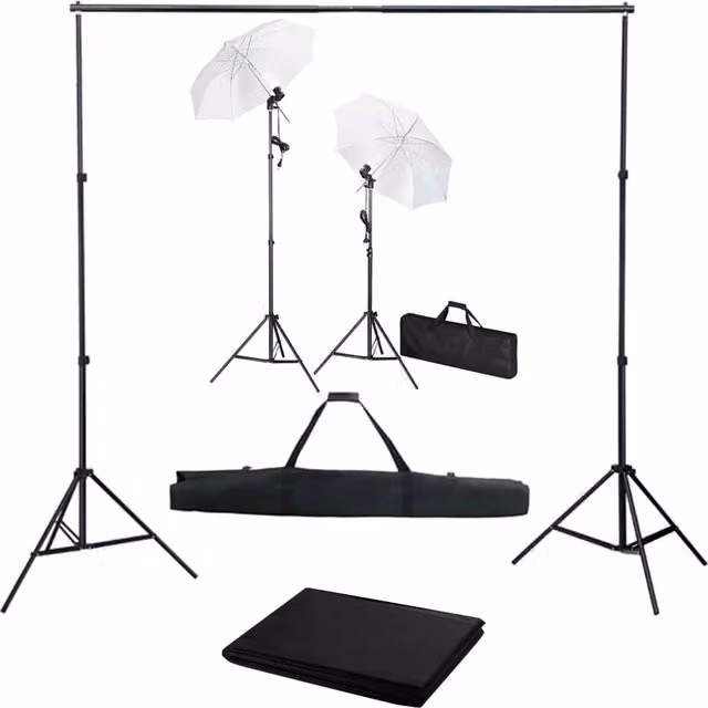 Kit professionale per studio fotografico con fondale nero luci e ombrelli 02_0001493