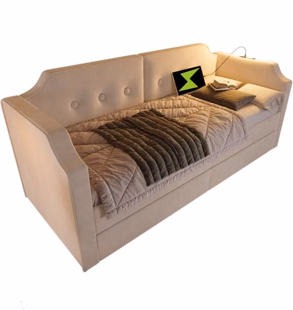 Letto singolo moderno in velluto beige con 2 cassetti, porte USB e Type-C e lampada da lettura integrata, L/P/H: 90 x 200 cm
