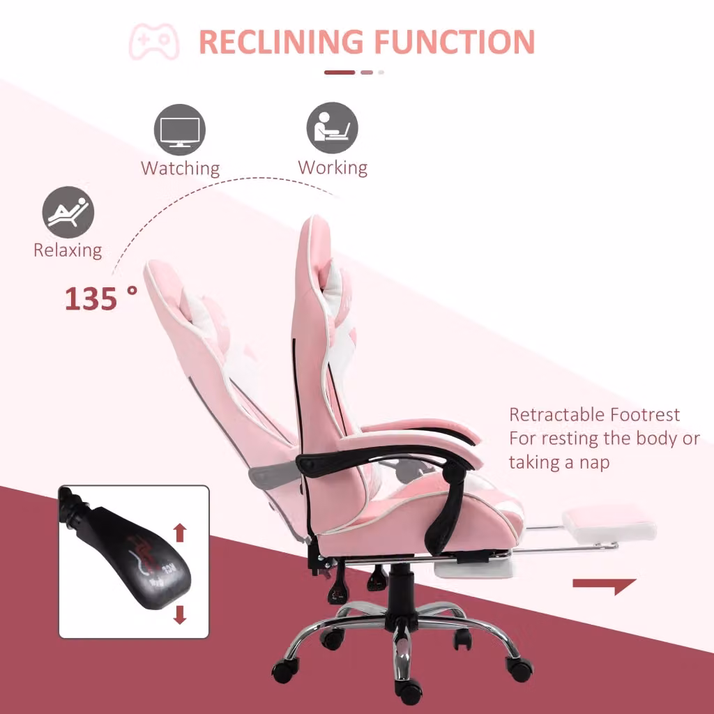 Sedia da gaming OKWISH ergonomica in pelle sintetica rosa con poggiapiedi, poggiatesta e altezza regolabile – 2