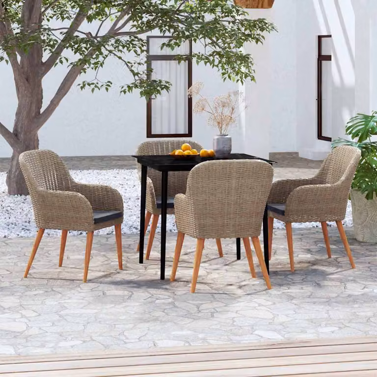 Set da pranzo da giardino vidaXL in rattan e legno di acacia con cuscini e tavolo in vetro, 5 pezzi, Marrone