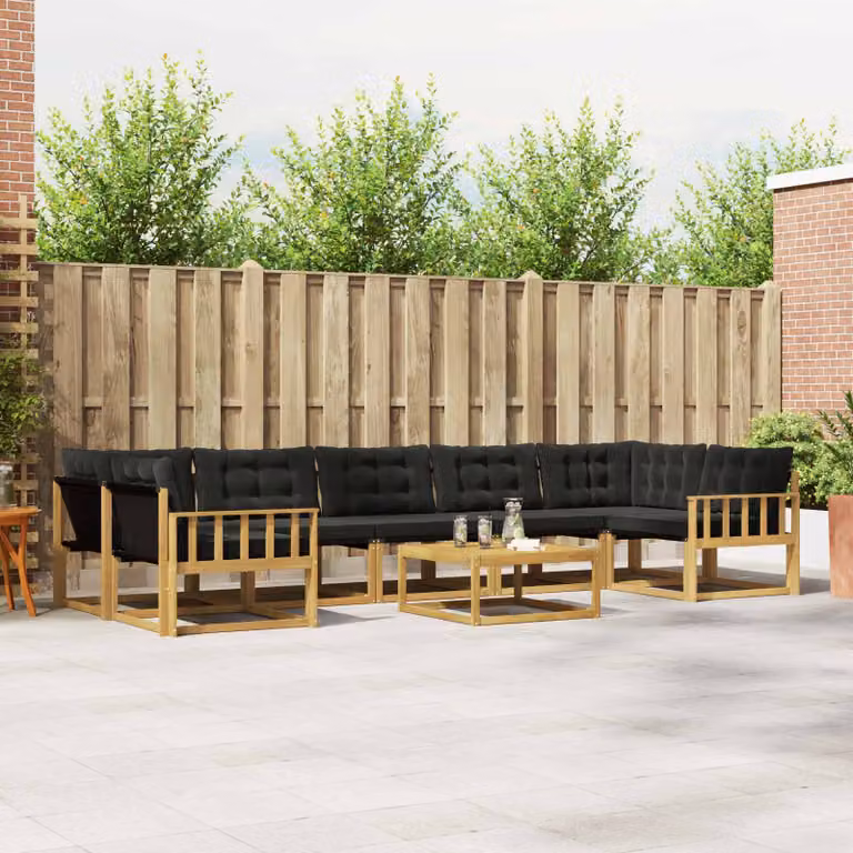 Set di divani da esterno vidaXL 8 pz in legno di acacia con cuscini e tavolino da giardino, Bianco, Nero e Marrone