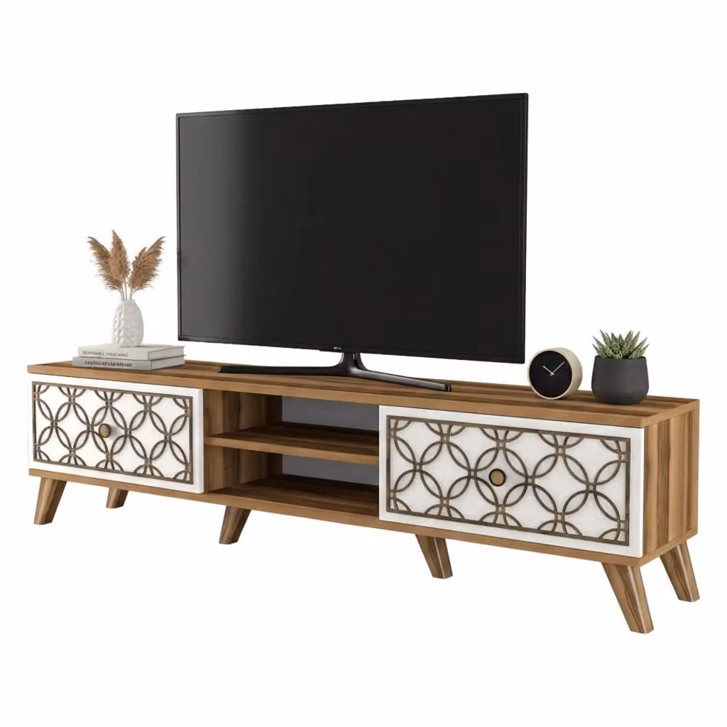 Mobile porta TV Teia DMORA, Credenza moderna per soggiorno in legno e plastica, L: 180 cm, P: 35 cm, H: 44 cm, Bianco – 2