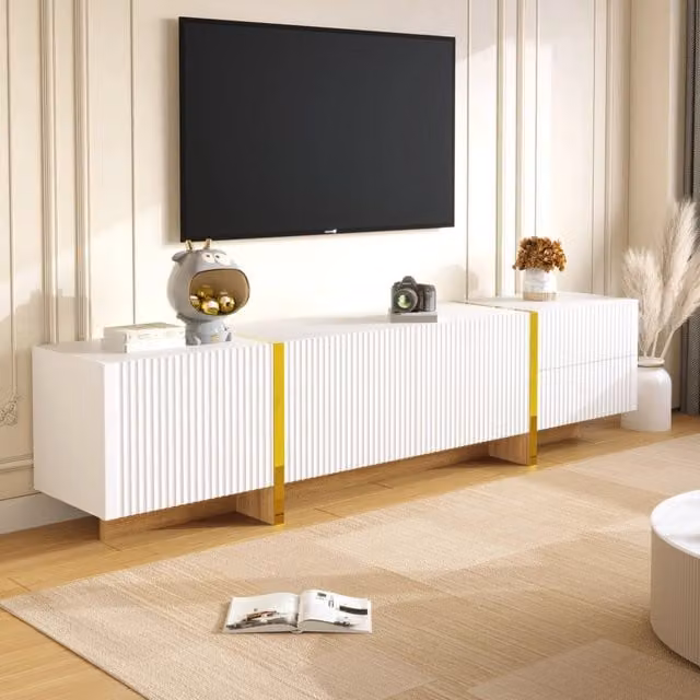 Mobile TV Folyna con 3 ante e 2 cassetti in MDF, colore bianco e oro effetto legno, L 190 cm x P 35 cm x H 45 cm
