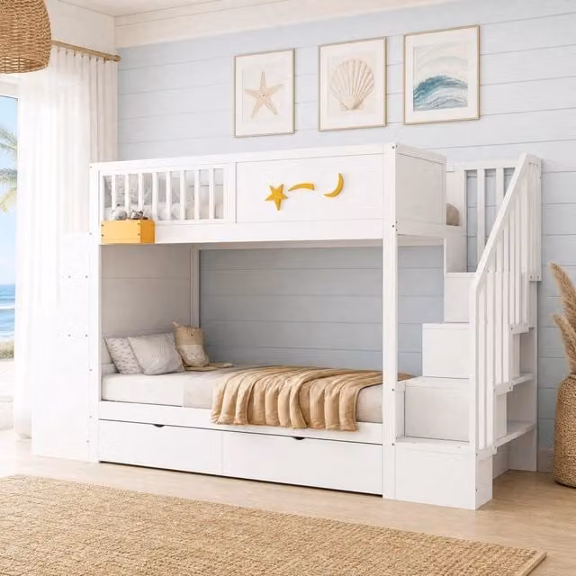 Letto a soppalco Mivray per bambini con scrivania, scala con contenitore e cassetti, legno bianco e dettagli gialli, L/P/H: 200 x 90 x 166 cm