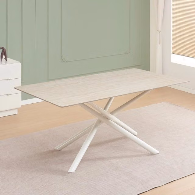 Tavolo fisso Corveo con piano colore travertino e struttura in metallo bianco