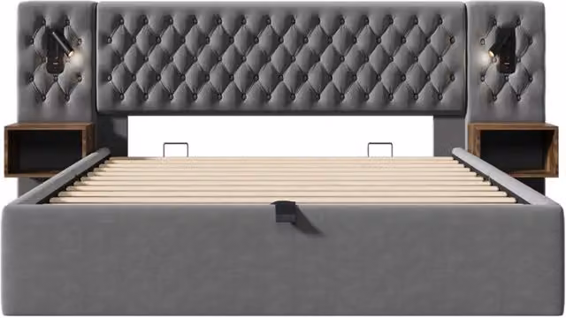 Letto matrimoniale imbottito 180x200 cm con contenitore idraulico, testiera con luci da lettura e ricarica USB, due comodini grigi in velluto