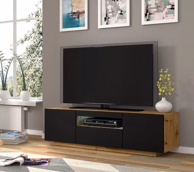Mobile TV Stand Aura Bim Furniture con LED integrato, struttura in Rovere e frontali Nero opaco, L 150 x P 42 x H 37 cm