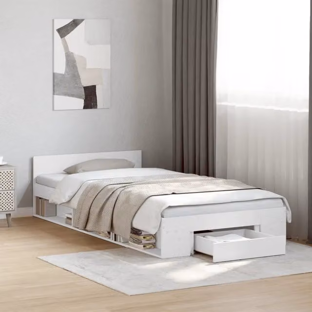 Giroletto con Cassetto-Struttura Letto con contenitore Bianco 100x200 cm in Legno Multistrato