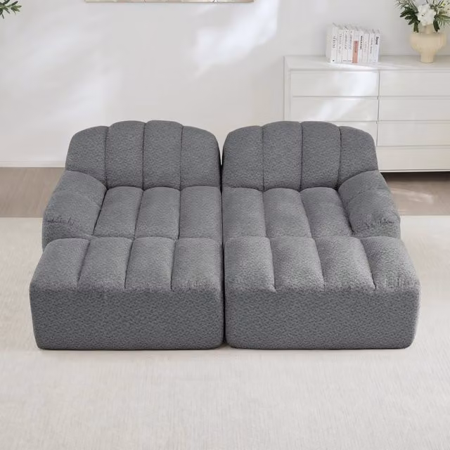 Divano modulare a 2 posti con pouf, schiuma ad alta densità e tessuto granulato grigio 210 × 165 × 79 cm