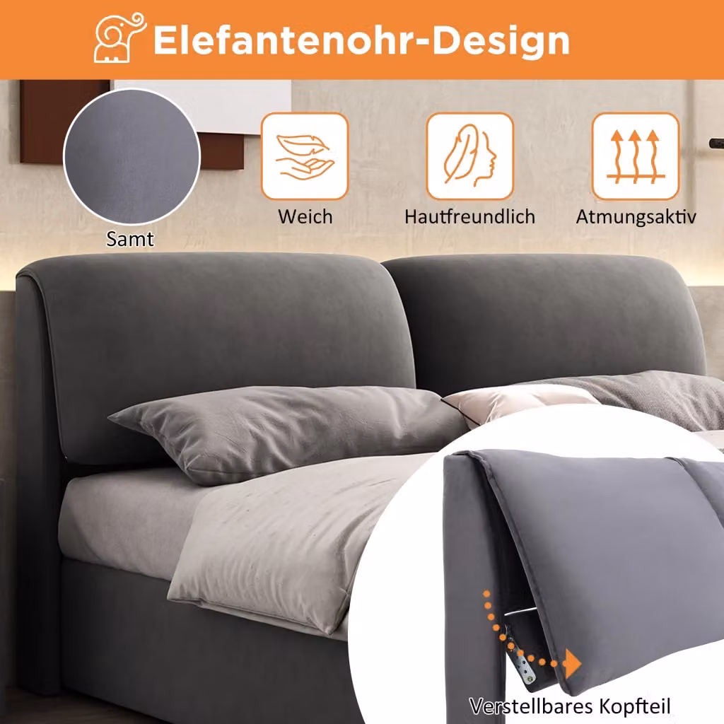 Letto contenitore REDOM con base a sollevamento idraulico in velluto grigio L/P: 180 x 200 cm – 2