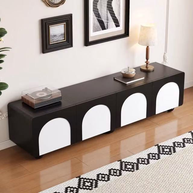 Mobile porta TV OKWISH design moderno in MDF nero e bianco con 2 cassetti, 2 ante e passacavi, L: 180 cm, P: 38 cm, H: 45 cm – 1