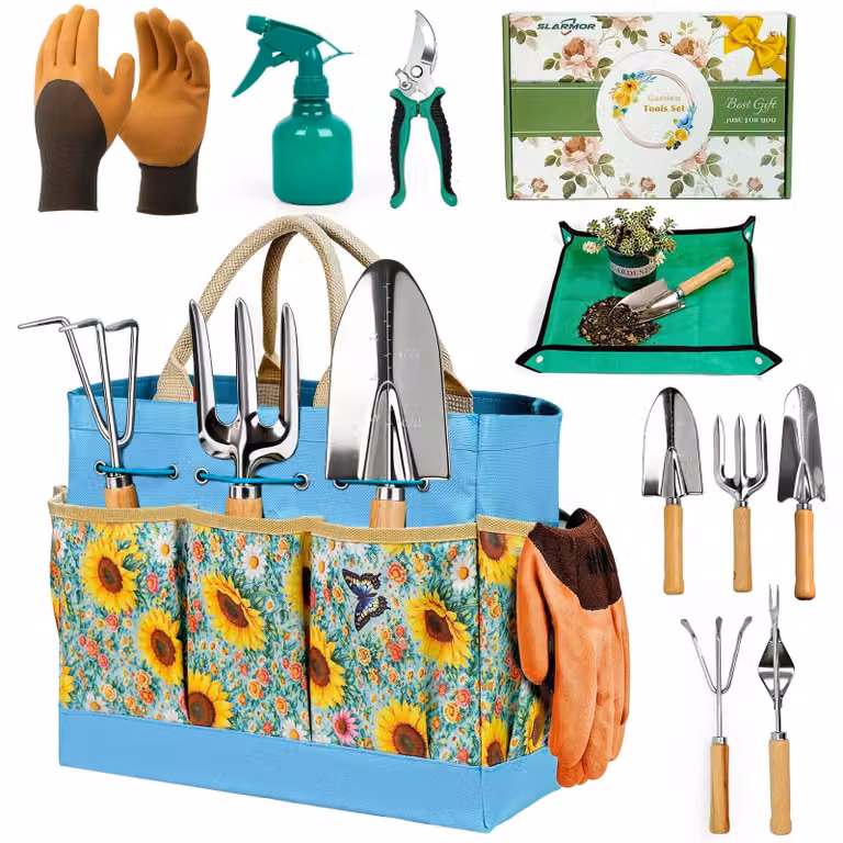 Set di 9 utensili da giardino in acciaio inossidabile, con manici ergonomici