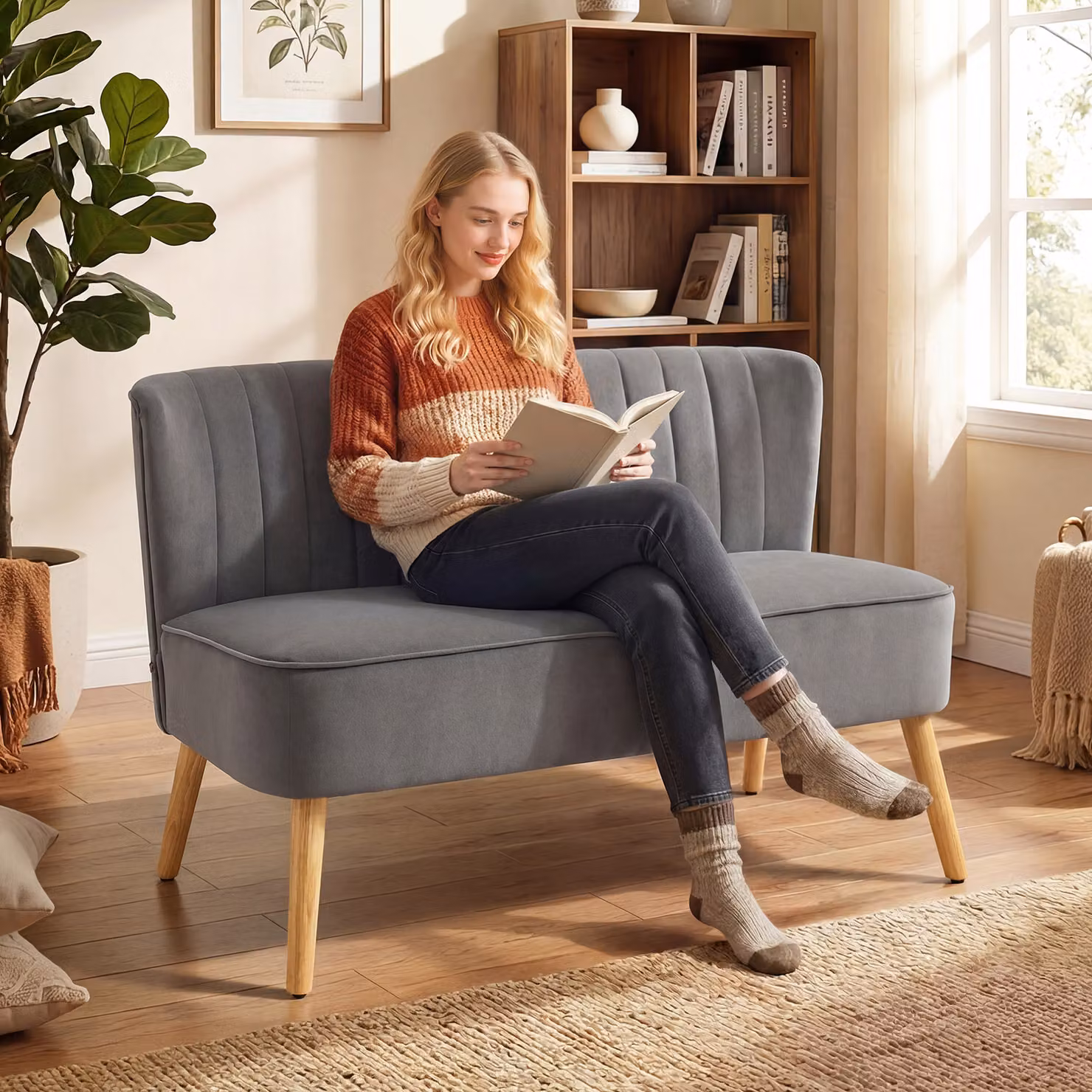 Divano a 2 posti in stile retro HOMCOM con gambe in legno, Grigio Scuro, L: 117 cm, P: 56,5 cm, H: 77 cm – 2
