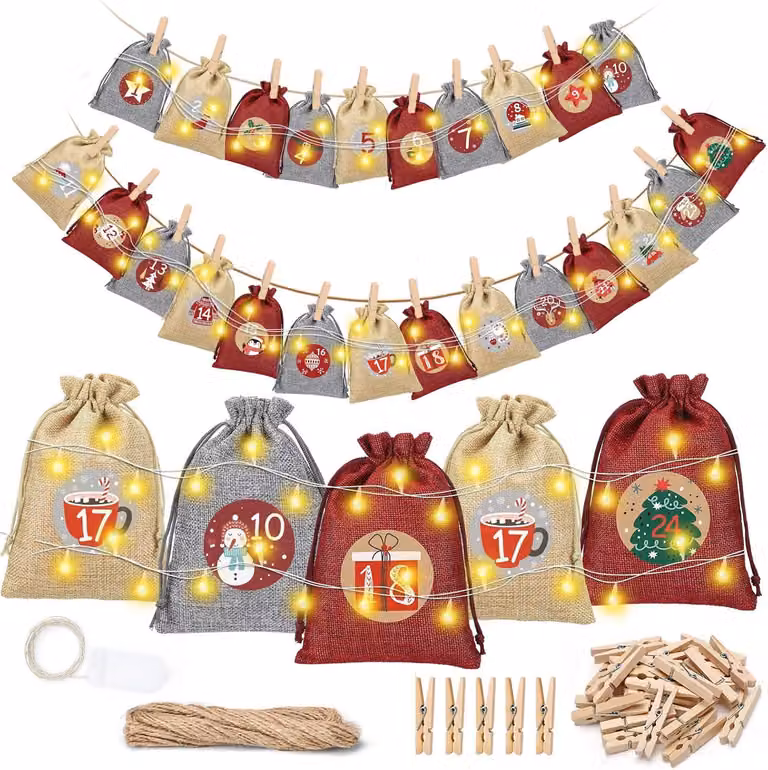 Calendario dell'Avvento da riempire - 24 sacchetti di juta con chiusure - Catena luminosa - Calendario di Natale da riempire