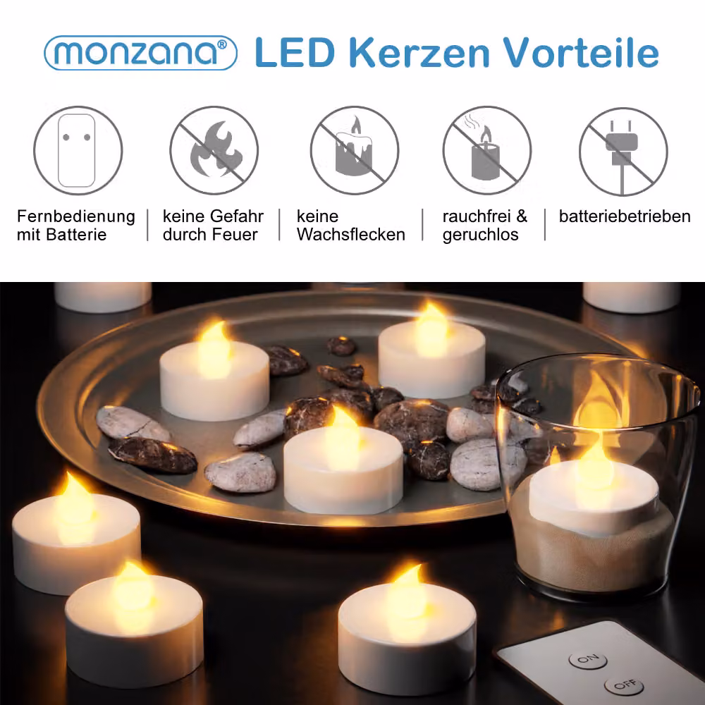 Set di 30 candele tealight a LED Monzana con telecomando, effetto flickering e luce bianco caldo, colore argento – 3