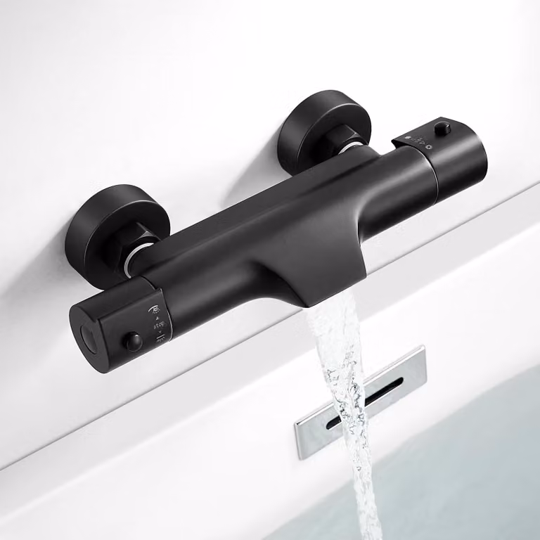 Rubinetto miscelatore con termostato, erogatore a cascata, 2 uscite, sicurezza a 38 °C, colore nero
