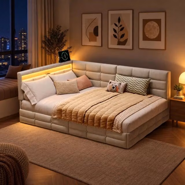 Divano letto multifunzionale 140x200; letto imbottito a L con LED e USB; Letto Matrimoniale con Rete a doghe e Testiera con Contenitore; Lino Beige