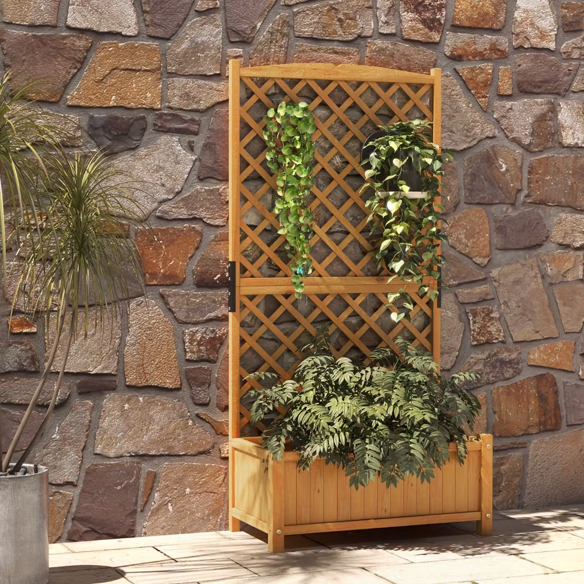 Fioriera rialzata in legno con traliccio per piante rampicanti Costway, Arancione, L: 180 cm