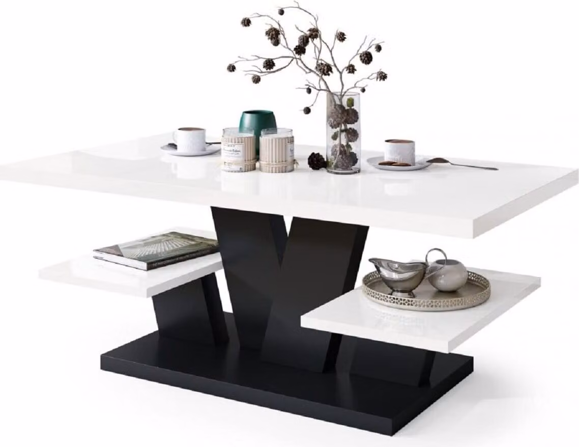 Tavolino Valerio, tavolino da soggiorno, tavolino da caffè, tavolo con ripiani, tavolo da pranzo, Coffee Table, 110x60 cm, modello 05, bianco lucido + nero