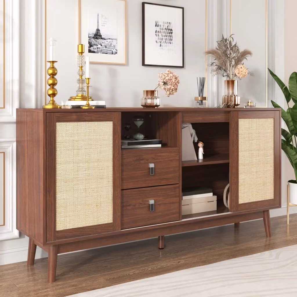 Credenza in stile mid-century con 3 ante scorrevoli in rattan naturale e 2 cassetti, colore marrone, ideale per soggiorno o camera da letto, L: 155 cm, P: 38 cm, H: 80 cm – 2