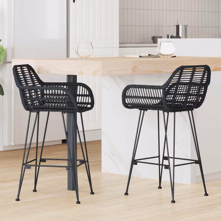 Set di 2 sedie da bar vidaXL in rattan e metallo nero, L/P/H: 55 x 52 x 92 cm