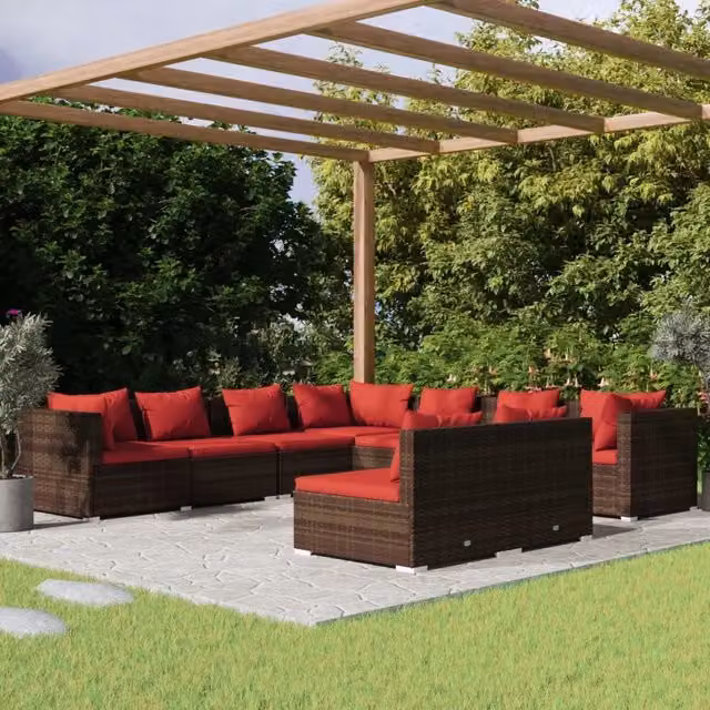 Set di Divani da Giardino a Forma di U vidaXL in Polyrattan Marrone con Cuscini e Rivestimenti Rimovibili – 1
