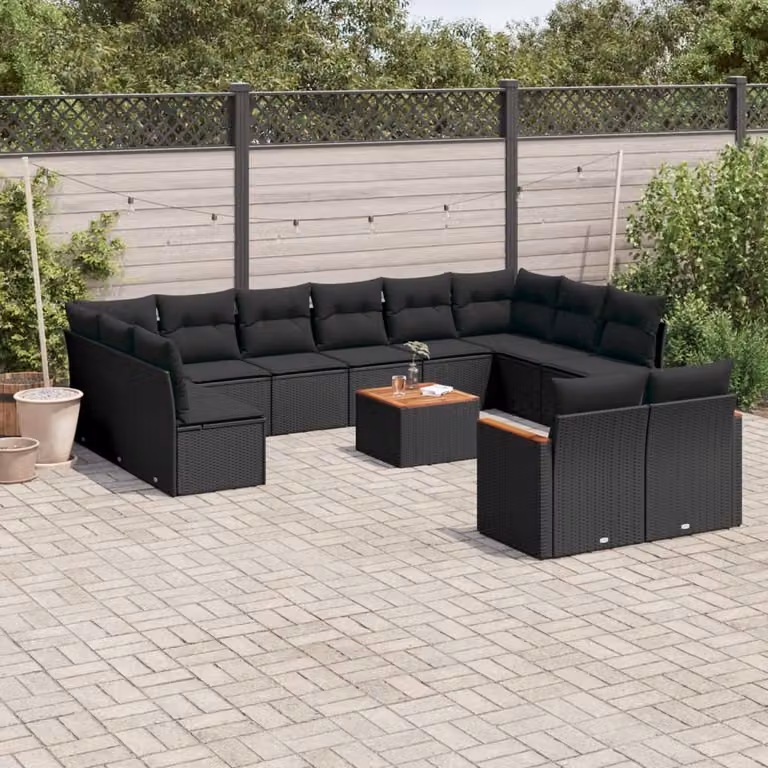 Set Divani da Giardino vidaXL 13pz a Forma di U con Cuscini Neri e Tavolino in Polyrattan e Acciaio