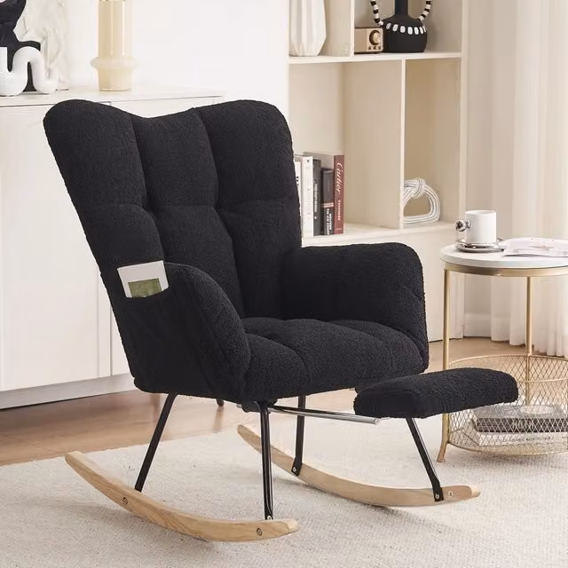 Poltrona Dondolo Reclinabile con Poggiapiedi ¨C MINIMAL ¨C Tessuto Teddy, Nero