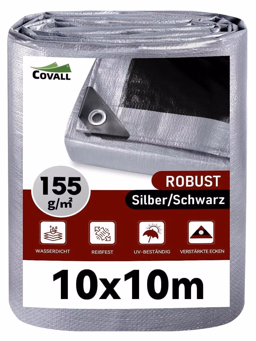 Telo protettivo impermeabile con occhielli, 10x10 metri, 155 g/m², colore argento/nero