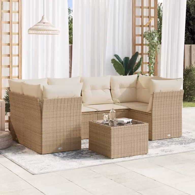 vidaXL Set Divani da Giardino 7 pz a L con Cuscini Beige e Tavolino da Esterno in Polyrattan e Acciaio