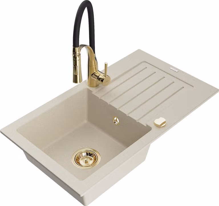 Mexen Pablo lavello in granito a 1 vasca con scolapiatti e rubinetto cucina Aster, beige - 6510-69-73450-57-G