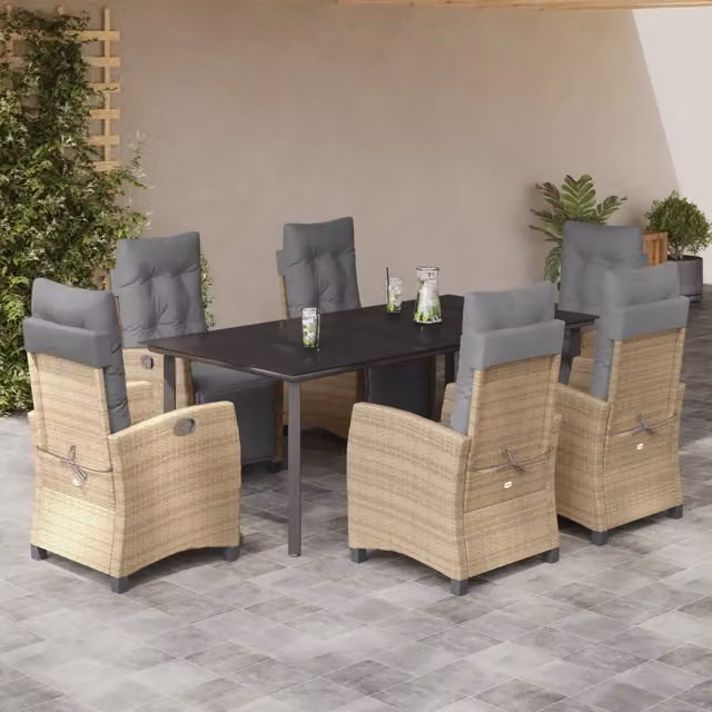 Set Pranzo da Giardino vidaXL in Polyrattan con Piano in Vetro e 7 Cuscini, Colore Misto Beige, Nero e Grigio