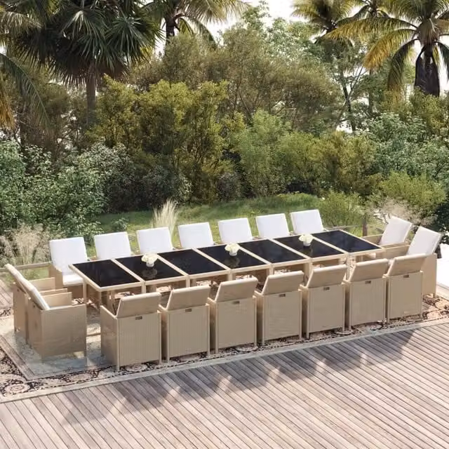 Set da pranzo da giardino vidaXL in polyrattan beige con cuscini e tavolo in vetro